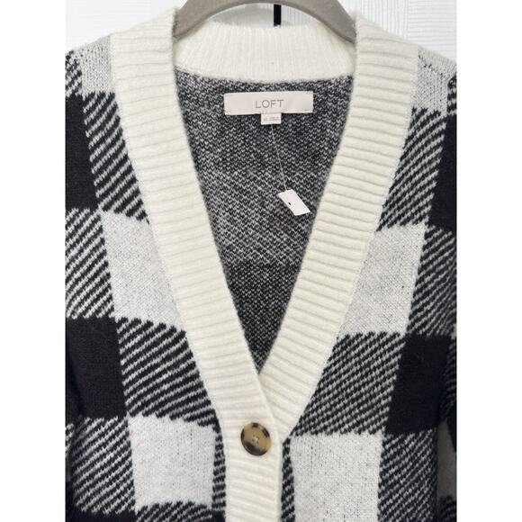 Loft XS Checkered Plaid Boyfriend Button Cardigan Oversized Black White Pockets - Picture 5 of 5